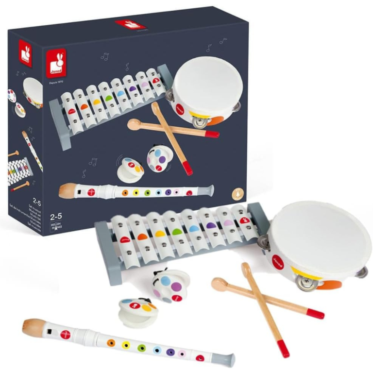 Kit 4 Instrumentos Musicais de Madeira – Xilofone, Flauta, Tamborim e Castanholas
