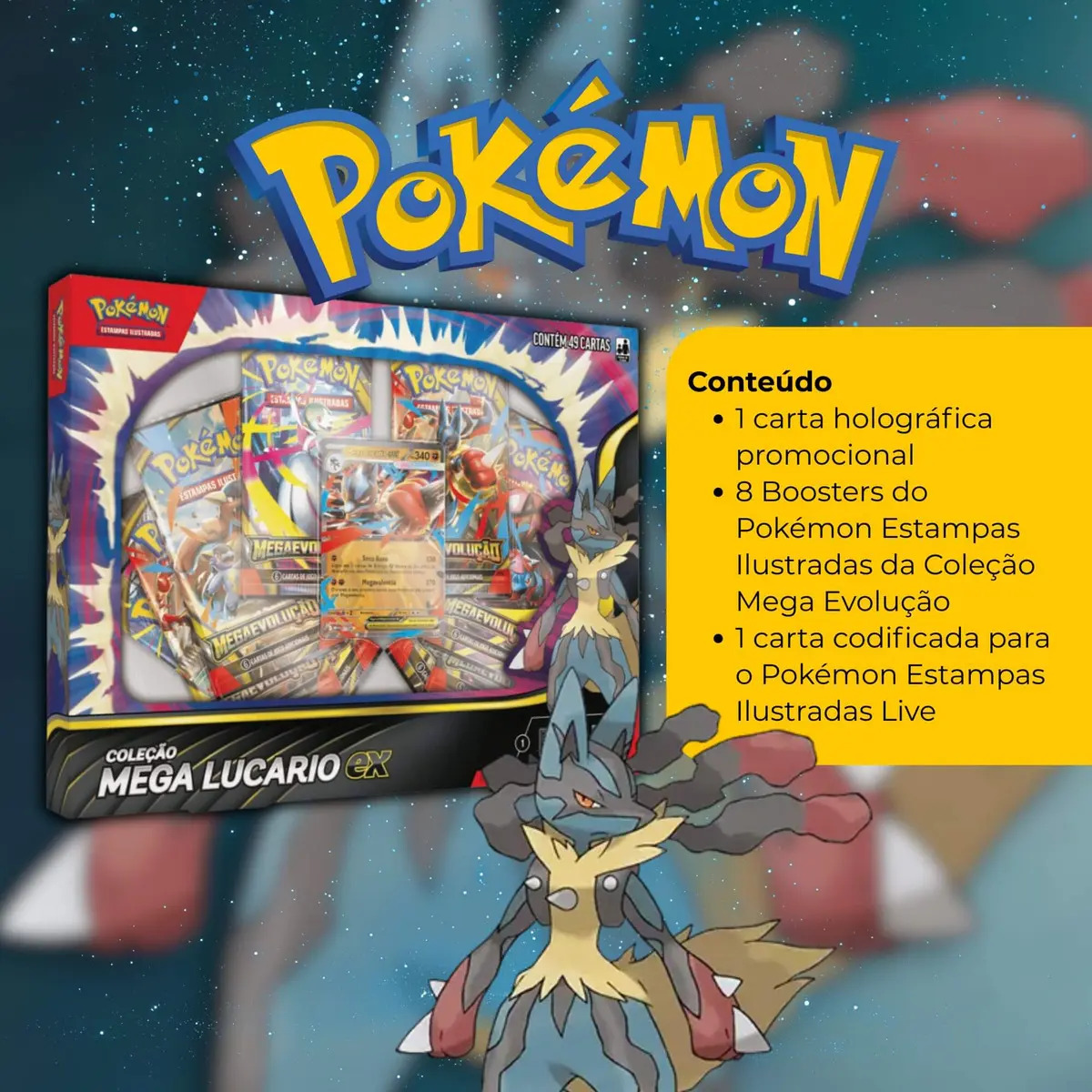 Box Pokémon Mega Lucario EX – Copag | Coleção ME01 - Imagem 3